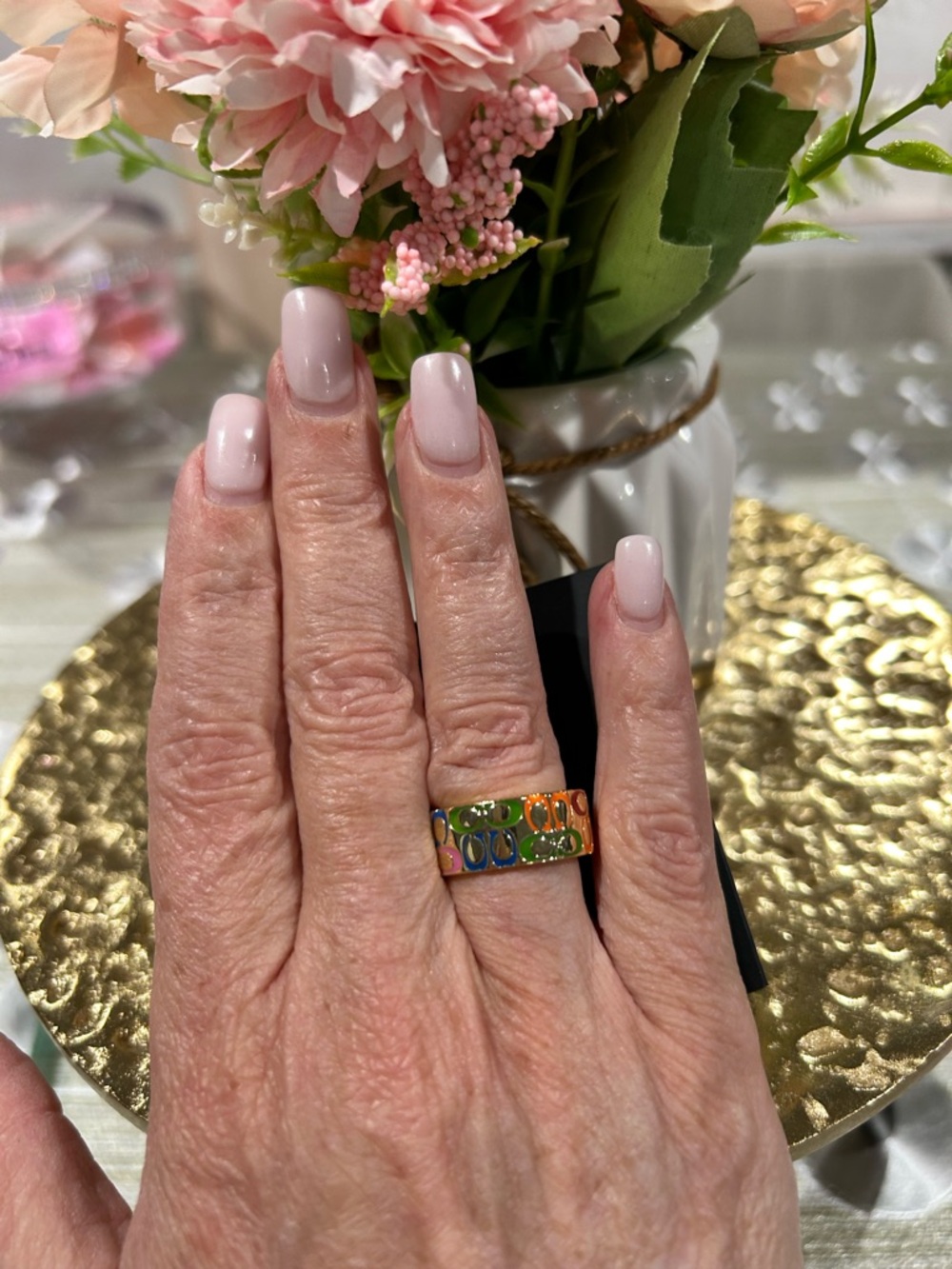Coach Multicolor Enamel Signature Ring Gold Tone Wide Band 6.5”. NWT. - Picture 4 of 5